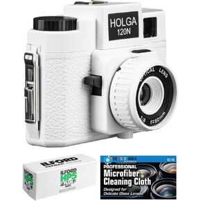 Holga 120N Medium Format Film Camera (Red/White) with Ilford HP5 120 Film Bundle and Microfiber Cloth