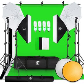 SH Photography Lighting Kit 4 x 65W 5500K LED Bulbs Green Screen 2.6x3M/8.5FTx10FT Backdrop Stand Softbox Umbrellas 5 in1 Reflector Accessories Continuous Light for Photo Video Studio Equipment in Kuwait