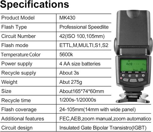 Meike MK430 E-TTL Speedlite Shoe Mount Flash for 70D 77D 80D Rebel T7i T6i T6s T6 T5i T5 T4i T3i SL2 and Other EOS DSLR Cameras in Saudi Arabia