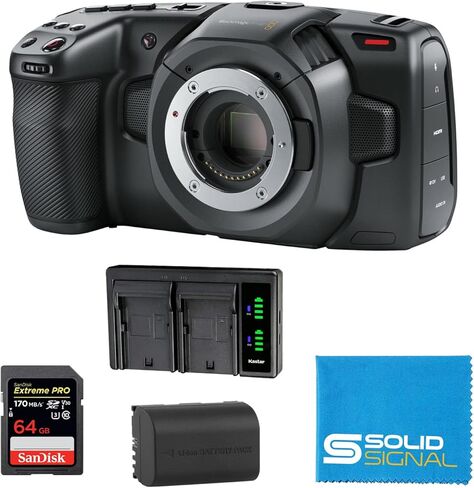 Blackmagic Design Pocket Cinema Camera 6K Pro Bundle – Includes SanDisk Extreme Pro 64GB SDXC Card, Additional NP-F570 Battery, Dual Battery Charger, and SolidSignal Microfiber Cloth in Kuwait