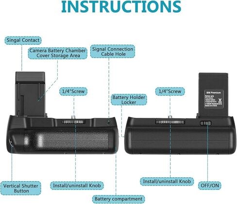 BM Premium Battery Grip Kit for Canon EOS Rebel T3, T5, T6, 1100D, 1200D, 1300D Digital Camera - Includes Qty 2 LP-10 Batteries + 1100DN Battery Grip Replacement in Saudi Arabia