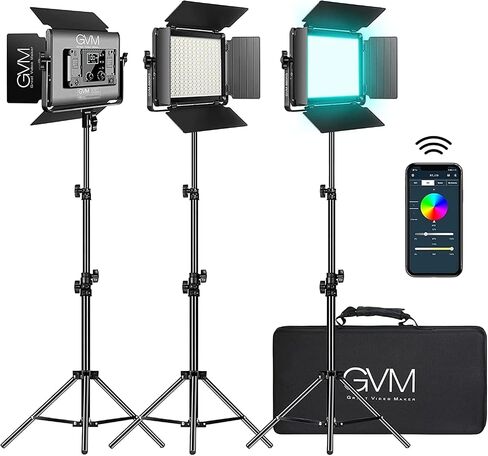 GVM RGB LED Video Light with Bluetooth Control, 880RS 60W Photography Lighting kit Dimmable LED Panel with LCD Screen, 3 Packs Studio Light for YouTube, Streaming, Gaming, 8 Applicable Scenes, CRI97 in Kuwait