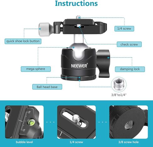 NEEWER 28mm Low Profile Tripod Ball Head 360° Panoramic Rotating with 1/4" Arca Type Quick Release Plate and Bubble Level for DSLR Cameras Tripods Monopods Slider, Max Load: 6.6lb/3kg in Saudi Arabia