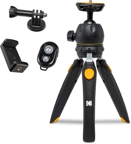 حامل ثلاثي القوائم صغير قابل للتعديل من KODAK PhotoGear مع جهاز تحكم عن بعد، رأس كروي 360 درجة، حامل ثلاثي القوائم صغير الحجم مقاس 9 بوصات، عصا سيلفي مقاس 11 بوصة، أرجل بخمسة أوضاع، أقدام مطاطية، محولات كاميرا الهاتف الذكي والكاميرا، يتضمن الدليل الإلكترو in Saudi Arabia