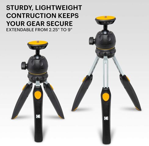 حامل ثلاثي القوائم صغير قابل للتعديل من KODAK PhotoGear مع جهاز تحكم عن بعد، رأس كروي 360 درجة، حامل ثلاثي القوائم صغير الحجم مقاس 9 بوصات، عصا سيلفي مقاس 11 بوصة، أرجل بخمسة أوضاع، أقدام مطاطية، محولات كاميرا الهاتف الذكي والكاميرا، يتضمن الدليل الإلكترو in Saudi Arabia