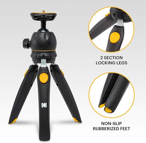 حامل ثلاثي القوائم صغير قابل للتعديل من KODAK PhotoGear مع جهاز تحكم عن بعد، رأس كروي 360 درجة، حامل ثلاثي القوائم صغير الحجم مقاس 9 بوصات، عصا سيلفي مقاس 11 بوصة، أرجل بخمسة أوضاع، أقدام مطاطية، محولات كاميرا الهاتف الذكي والكاميرا، يتضمن الدليل الإلكترو in Saudi Arabia