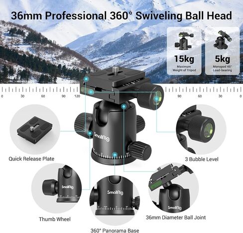 SmallRig 71" Camera Tripod, Foldable Aluminum Tripod & Monopod, 360°Ball Head Detachable, Payload 33lb, Adjustable Height from 16" to 71" for Camera, Phone-3935 in Saudi Arabia