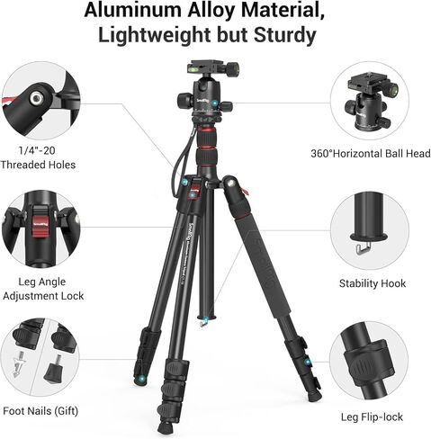 SmallRig 71" Camera Tripod, Foldable Aluminum Tripod & Monopod, 360°Ball Head Detachable, Payload 33lb, Adjustable Height from 16" to 71" for Camera, Phone-3935 in Saudi Arabia