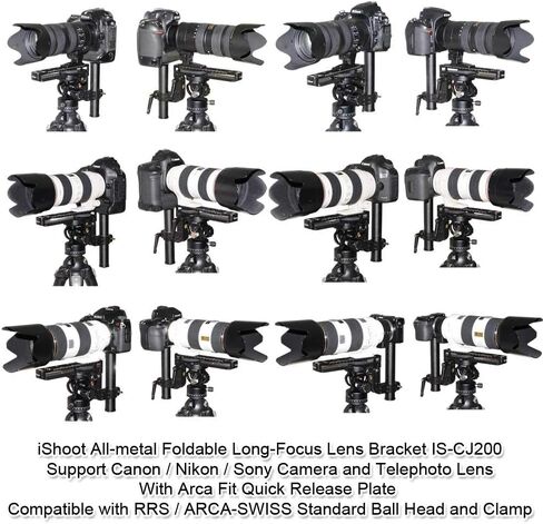 iShoot Foldable Telephoto Lens Bracket, All-Metal Long-Focus Lens Support, Lens Holder with 20cm Quick Release Plate for Arca-Swiss Fit Tripod Ball Head, Compatible with Canon Nikon Sony Cameras in Saudi Arabia