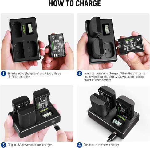 نيوير مجموعة بطارية بديلة وشاحن USB LP-E6NH، 3 قطع 2250mAh بديلة لبطارية LP-E6NH وشاحن USB ثلاثي الفتحات متوافق مع كانون EOS R5 R6 5D 5DS 6D Mark II 77D 80D 90D EOS R in Kuwait