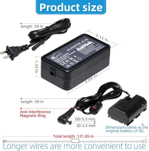 Glorich ACK-E6 AC Power Adapter DR-E6 DC Coupler LP-E6 LP-E6N Dummy Battery Power Supply Kit for Cameras Canon EOS R6 R5 R 90D 80D 7D Mark Ⅱ 7D 70D 6D 60D 5D Mark Ⅳ 5DS, with Fully-Decoded Smart Chip in Saudi Arabia