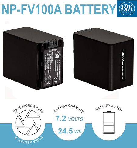 BM Premium 2 NP-FV100A High Capacity Batteries and Dual Bay Charger for Sony FDR-AX30 FDR-AX33 AX53 FDR-AX700 FDR-AX100 FDR-AX35 HXR-MC50 HXR-MC88 HX-RNX80 PXW-Z90V NEX-VG20 VG30 NEX-VG900 Camcorders in Saudi Arabia