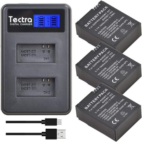 Tectra 3Pcs AHDBT-301 GoPro Hero3 Replacement Battery + LCD Display Dual USB Charger for GoPro Hero 3 Hero 3+ Camera Accessories in Kuwait