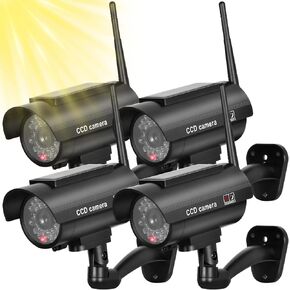BNT Solar Powered Fake Security Camera, Bullet Dummy Security Camera Simulated Surveillance System with Realistic Red Flashing Light Sensor and Warning Sticker for Indoor/Outdoor(2Pack, Black)