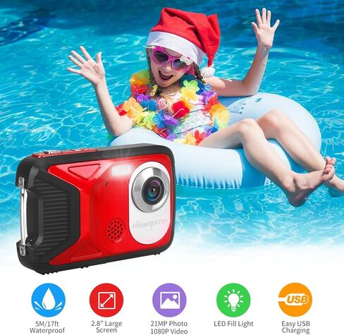 Waterproof Digital Camera,17 FT Underwater Camera 2.8" LCD HD1080P 30MP Kids Video Camcorder with 32G Card and Rechargeable Battery,Point and Shoot Camera for Kids Teenagers Students Gifts in Kuwait