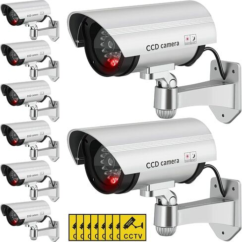 8 Pcs Fake Camera Dummy Security Camera Realistic Dummy Camera Plastic Fake Video Camera CCTV Surveillance System with Motion LED Light for Home Outdoor Indoor Use, No Battery Included (Silver) in Saudi Arabia