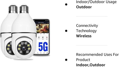 360° Security Cameras Wireless Outdoor, 2.4GHz & 5GHz WiFi Light Bulb1080p Security Camera Wireless Light Socket Smart Cameras for Home Security, Motion Detection, Two-Way Audio (1PC) in Kuwait