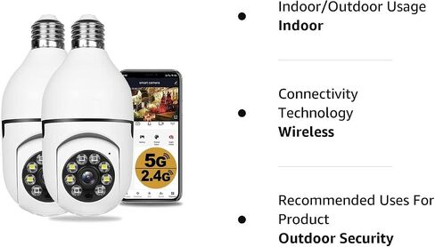 360° Security Cameras Wireless Outdoor, 2.4GHz & 5GHz WiFi Light Bulb1080p Security Camera Wireless Light Socket Smart Cameras for Home Security, Motion Detection, Two-Way Audio (1PC) in Kuwait