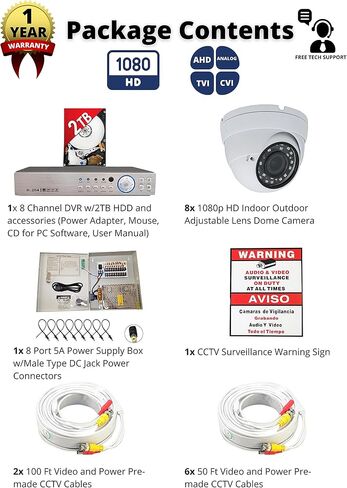 Evertech 8 Channel High-Definition Security Surveillance System with 8 pcs Indoor & Outdoor Dome Cameras 2.8-12mm Adjustable Zoom Lens 2TB HDD Memory in Saudi Arabia