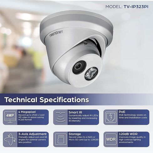 كاميرا شبكة TRENDnet داخلية 2 ميجابكسل 1080 بيكسل HD WDR Mini Pan/Tilt PoE IR، ضغط فيديو H.264+، رؤية ليلية بالأشعة تحت الحمراء تصل إلى 10 أمتار (32.8 قدمًا)، تسجيل كشف الحركة، TV-IP410PI in Kuwait