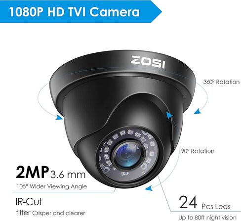 ZOSI 2.0MP FHD 1080p Dome Camera Housing Outdoor Indoor (Hybrid 4-in-1 CVI/TVI/AHD/960H Analog CVBS),24PCS LEDs,80ft IR Night Vision,CCTV Security Camera with 105° Wide Angle in Saudi Arabia