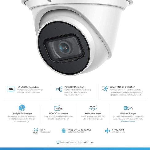 Amcrest 4K POE Camera AI Human/Vehicle Detection, UltraHD 8MP Outdoor Security Turret POE IP Camera, 3840x2160, 4K @30fps, IP67 Weatherproof, MicroSD, Built in Mic, White (IP8M-T2669EW-AI) in Kuwait