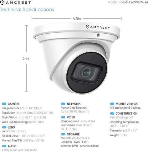 Amcrest 4K POE Camera AI Human/Vehicle Detection, UltraHD 8MP Outdoor Security Turret POE IP Camera, 3840x2160, 4K @30fps, IP67 Weatherproof, MicroSD, Built in Mic, White (IP8M-T2669EW-AI) in Kuwait