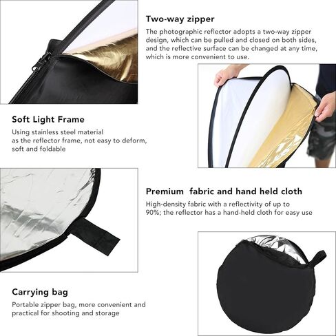 5 in 1 Photography Reflector Collapsible Light Reflector with Carrying Case, Portable Round Multi Disc Lighting Reflector for Studio Photography, Translucent Silver Gold White Black (110cm) in Kuwait
