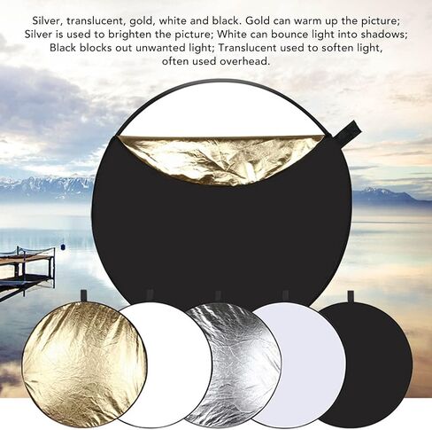5 in 1 Photography Reflector Collapsible Light Reflector with Carrying Case, Portable Round Multi Disc Lighting Reflector for Studio Photography, Translucent Silver Gold White Black (110cm) in Kuwait