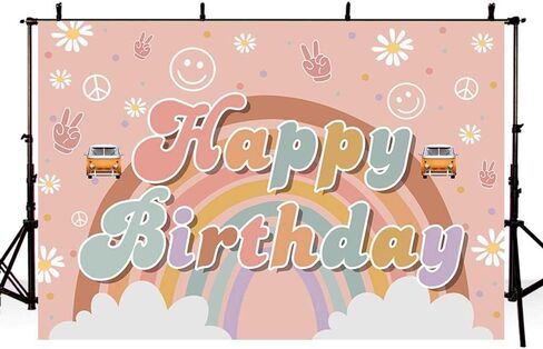 7x5ft Happy Birthday Backdrop for Girl Rainbow Hippie Boho Birthday Party Decorations Daisy Flower Groovy Photography Background Photo Studio Booth Props Banner in Kuwait