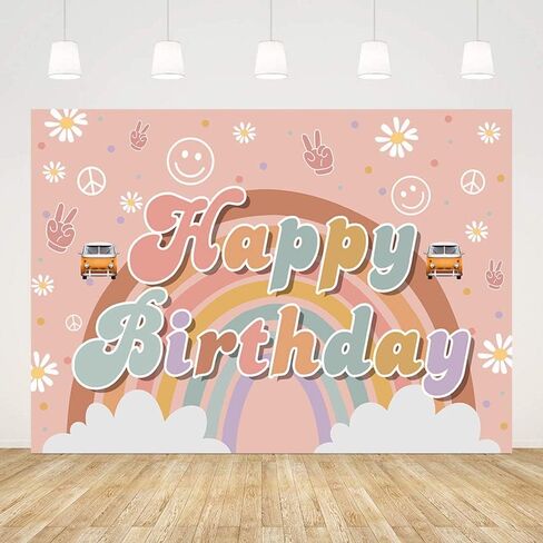 7x5ft Happy Birthday Backdrop for Girl Rainbow Hippie Boho Birthday Party Decorations Daisy Flower Groovy Photography Background Photo Studio Booth Props Banner in Kuwait