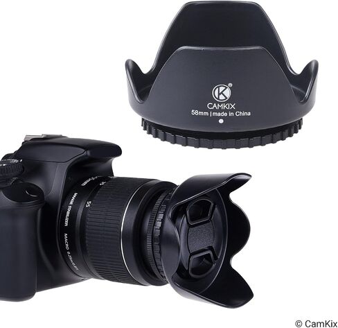 58mm Set of 2 Camera Lens Hoods and 1 Lens Cap - Rubber (Collapsible) + Tulip Flower - Sun Shade/Shield - Reduces Lens Flare and Glare - Blocks Excess Sunlight (58 mm, Rubber Hood + Tullip Hood + Cap) in Saudi Arabia