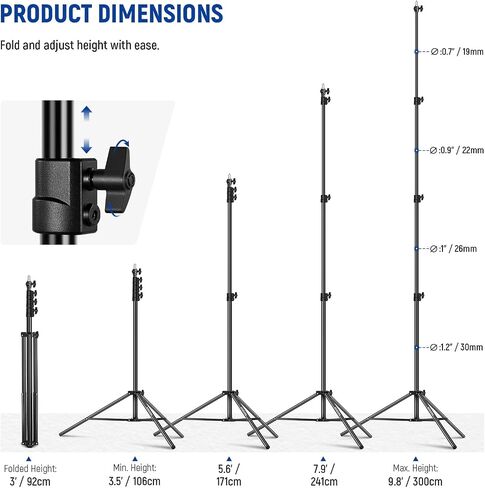 NEEWER 9.8ft/3m Air Cushioned Light Stand, Heavy Duty All Metal Photography Tripod Stand with 1/4" to 3/8" Reversible Spigot, 3 Way Mounting Interface & Metal Locking Knobs, Max Load 11lb/5kg (Black) in Saudi Arabia