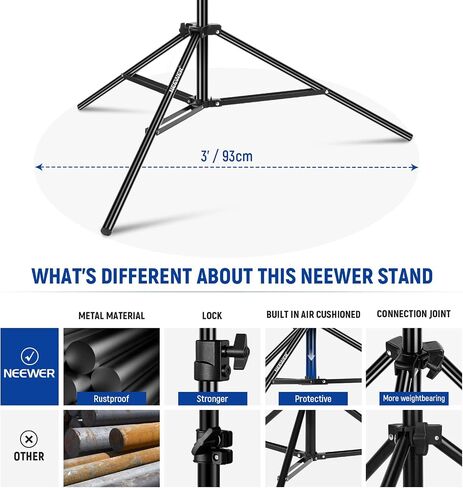 NEEWER 9.8ft/3m Air Cushioned Light Stand, Heavy Duty All Metal Photography Tripod Stand with 1/4" to 3/8" Reversible Spigot, 3 Way Mounting Interface & Metal Locking Knobs, Max Load 11lb/5kg (Black) in Saudi Arabia