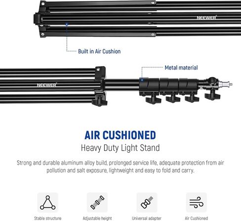 NEEWER 9.8ft/3m Air Cushioned Light Stand, Heavy Duty All Metal Photography Tripod Stand with 1/4" to 3/8" Reversible Spigot, 3 Way Mounting Interface & Metal Locking Knobs, Max Load 11lb/5kg (Black) in Saudi Arabia
