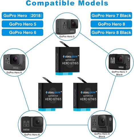 COOLSHOW Hero 8 Battery 1220mAh (3 Packs) and Triple Charger Compatible with GoPro HERO8 Black,GoPro HERO7 Black,GoPro HERO6 Black,GoPro HERO5 Black,GoPro HERO8/7/6/5,GoPro Hero(2018) in Kuwait