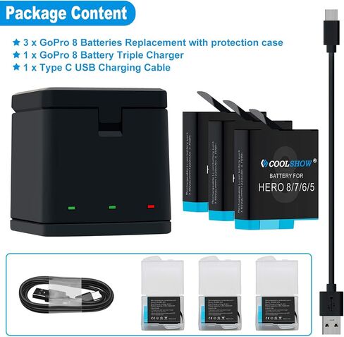 COOLSHOW Hero 8 Battery 1220mAh (3 Packs) and Triple Charger Compatible with GoPro HERO8 Black,GoPro HERO7 Black,GoPro HERO6 Black,GoPro HERO5 Black,GoPro HERO8/7/6/5,GoPro Hero(2018) in Kuwait