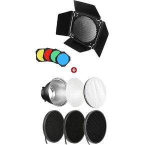 Soonpho BD-04 Barn Door with Honeycomb Grid and 4 Color Gel Filters (Red,Yellow, Blue,Green) & 7" Standard Reflector Diffuser Lamp Shade Dish with 10° /30°/ 50° Degree Honeycomb Grid in Saudi Arabia