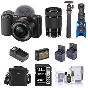 Sony ZV-E10 Mirrorless Vlog Camera with 16-50mm Lens, Black - Bundle 55-210mm, 128GB SD Card, Shoulder Bag, Mic, Tripod, Extra Battery, Charger, 49mm & 40.5mm Filter Kit, in Kuwait