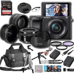 Sony a6400 Mirrorless Camera with 16-50mm Lens 64GB Extreem Speed Memory,.43 Wide Angle & 2X Lenses, Case. Tripod, Filters, Hood, Grip, & Professional Video & Photo Editing Software Kit in Saudi Arabia