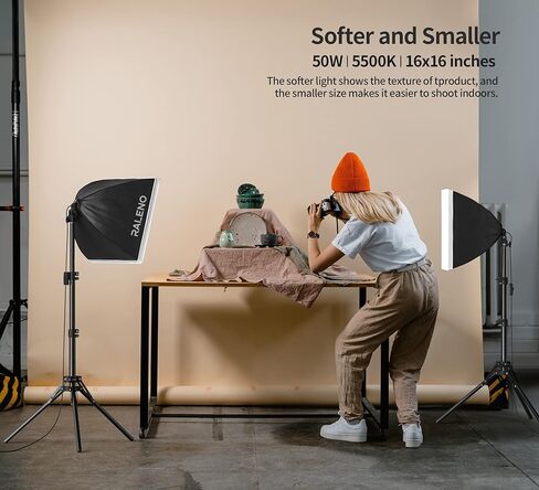 RALENO® Softbox Lighting Kit, 2 x 16'' x 16'' Photography Studio Equipments with 50W / 5500K / 90 CRI LED Bulbs, Continuous Lighting System for Video Recording and Photography Shooting in Kuwait