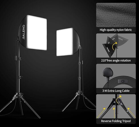 RALENO® Softbox Lighting Kit, 2 x 16'' x 16'' Photography Studio Equipments with 50W / 5500K / 90 CRI LED Bulbs, Continuous Lighting System for Video Recording and Photography Shooting in Kuwait