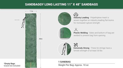 Sandbaggy - 11" x 48" حقائب رمل طويلة الأمد - تدوم 1-2 سنة - أكياس رمل لفسد - أحادية - كيس رملي - حاجز مياه الفيضان - كبح ماء - أكياس رمل للخيم - أكياس تخزين (عبوة من 1) in Kuwait