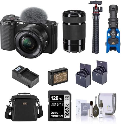 Sony ZV-E10 Mirrorless Camera with 16-50mm & 55-210mm f/4.5-6.3 OSS E-Mount Lens, Black Bundle with Memory Card, Bag, Microphone, Tripod, Battery, Charger and Accessories Kit in Saudi Arabia