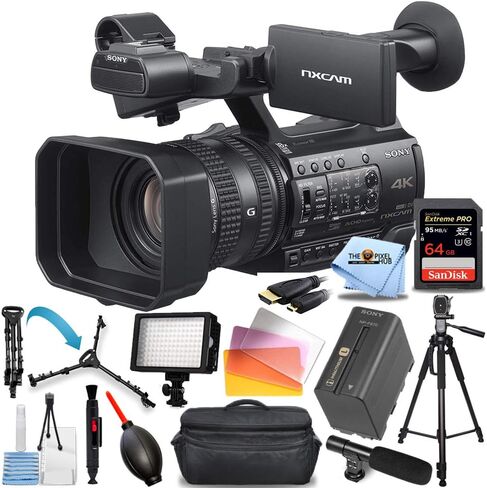 كاميرا الفيديو الاحترافية Sony HXR-NX200 HXR-NX200P 4K (PAL) - تشتمل الحزمة الاحترافية على: Extreme Pro 64GB SD ومجموعة إضاءة LED وحامل ثلاثي القوائم ودوللي وحقيبة أدوات كبيرة جدًا وميكروفون والمزيد in Kuwait