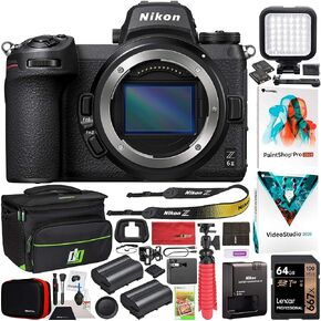 هيكل كاميرا Nikon Z6II بدون مرآة بإطار كامل بصيغة FX وفيديو بدقة 4K UHD 1659 مع حقيبة سفر Deco Gear + بطارية إضافية + مصباح LED للتصوير الفوتوغرافي + مجموعة برامج تحرير الصور والفيديو وملحقاتها