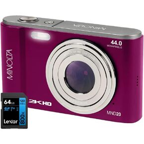كاميرا Minolta MND20-S بدقة 44 ميجابكسل / 2.7K فائقة الدقة باللون الفضي مع بطاقة ذاكرة Lexar 64 جيجابايت عالية الأداء 800x UHS-I SDHC من السلسلة الزرقاء in Kuwait