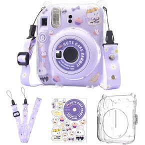 حافظة شفافة لامعة من HIYQIN لهاتف Instax Mini 12، حافظة Fuji Mini 12 الشفافة، حافظة واقية لامعة أنيقة مع حزام كتف قابل للتعديل، صندوق صور محمول وملصق DIY (شفاف + أرجواني)