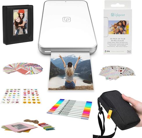 طابعة Lifeprint 2x3 فائقة النحافة، طابعة صور وفيديو محمولة لهواتف iPhone وAndroid (أبيض) حزمة هدايا in Kuwait