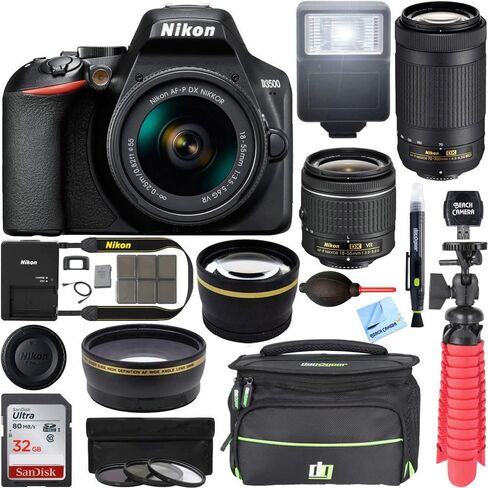 كاميرا Nikon D3500 DSLR مع AF-P DX 18-55 مم VR ومجموعة عدسات تكبير مزدوجة 70-300 مم مع حقيبة سفر، عدسة واسعة الزاوية، عدسة مقربة، مجموعات مرشحات، بطاقة ذاكرة 32 جيجابايت وملحقات (11 عنصرًا) in Saudi Arabia